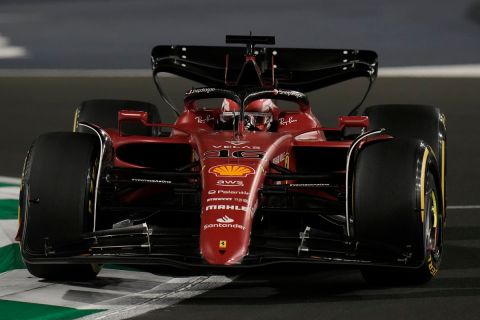 Ferrari driver Charles Leclerc of Monaco steers his car during the Formula One Grand Prix it in Jiddah, Saudi Arabia, Sunday, March 27, 2022. (AP Photo/Hassan Ammar)