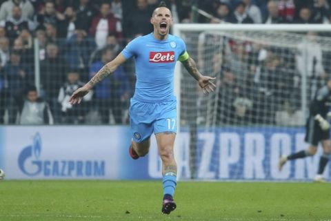Napoli's captain Marek Hamsik celebrates after scoring against Besiktas during a Champions League group B soccer match, in Istanbul, Tuesday, Nov. 1, 2016. The match ended 1-1 draw. (AP Photo)