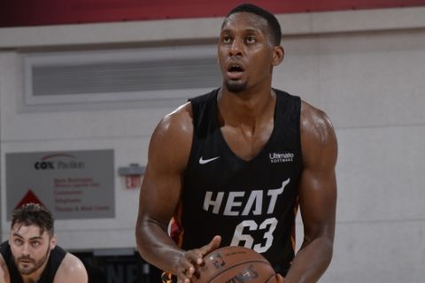 LAS VEGAS, NV - JULY 7: Jarrod Jones #63 of the Miami Heat shoots the ball against the New Orleans Pelicans during the 2018 Las Vegas Summer League on July 7, 2018 at the Cox Pavilion in Las Vegas, Nevada. NOTE TO USER: User expressly acknowledges and agrees that, by downloading and/or using this Photograph, user is consenting to the terms and conditions of the Getty Images License Agreement. Mandatory Copyright Notice: Copyright 2018 NBAE (Photo by David Dow/NBAE via Getty Images)