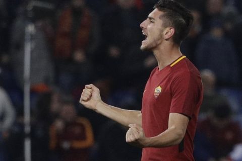 Roma's Lorenzo Pellegrini celebrates after scoring his side's third goal during an Italian Serie A soccer match between AS Roma and Spal, at the Olympic stadium in Rome, Friday, Dec. 1st, 2017. (AP Photo/Gregorio Borgia)