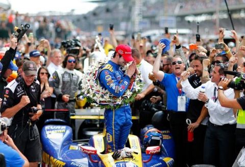 INDIANAPOLIS, IN - MAY 29:  Alexander Rossi, driver of the #98 Andretti Herta Autosport Napa Dallara Honda celebrates in victory circle after winning the 100th Running of the Indianapolis 500 Mile Race at Indianapolis Motorspeedway on May 29, 2016 in Indianapolis, Indiana.  (Photo by Jonathan Ferrey/Getty Images)