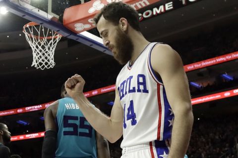 Philadelphia 76ers' Sergio Rodriguez reacts after being fouled during the second half of the team's NBA basketball game against the Charlotte Hornets, Friday, Jan. 13, 2017, in Philadelphia. Philadelphia won 102-93. (AP Photo/Matt Slocum)