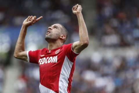 Monaco's Slimani Islam celebrates his second goal after his second goal during the French League One soccer match between Strasbourg and Monaco in Strasbourg, eastern France in Strasbourg Eastern France (AP Photo/Jean-Francois Badias)