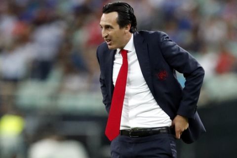 Arsenal manager Unai Emery stands on the touchline during the Europa League Final soccer match between Chelsea and Arsenal at the Olympic stadium in Baku, Azerbaijan, Wednesday, May 29, 2019. (AP Photo/Darko Bandic)