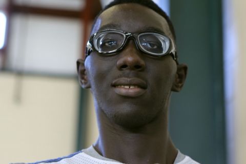Tacko Fall, a 7-foot-6 basketball player at Liberty Christian Prep in Tavares, originally from Senegal, committed to UCF. (Charles King/Orlando Sentinel)