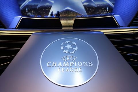 Logo of the UEFA Champions League is dislayed during the UEFA Champions League draw at the Grimaldi Forum, in Monaco, Thursday, Aug. 25, 2016. (AP Photo/Claude Paris)