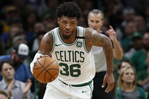 Boston Celtics' Marcus Smart during the fourth quarter of an NBA basketball game against the Utah Jazz Friday, March 6, 2020, in Boston. (AP Photo/Winslow Townson)