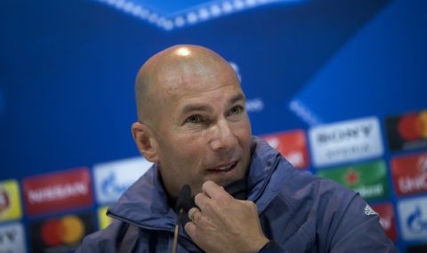 Real Madrid's head coach Zinedine Zidane listens to a question during a press conference in Madrid, Spain, Monday, May 1, 2017. Real Madrid will play against Atletico Madrid on Tuesday in a Champions League semifinal, 1st leg soccer match. (AP Photo/Paul White)