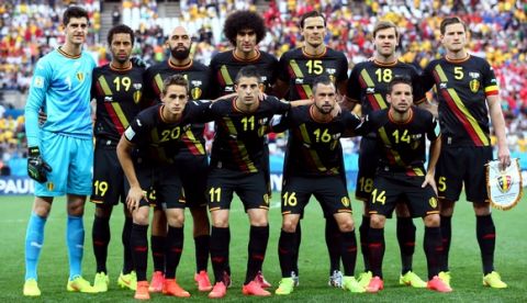 SAO PAULO, BRAZIL - JUNE 26:  Belgium players pose for a team photo during the 2014 FIFA World Cup Brazil Group H match between South Korea and Belgium at Arena de Sao Paulo on June 26, 2014 in Sao Paulo, Brazil.  (Photo by Clive Brunskill/Getty Images)
