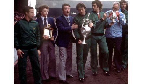 Nottingham Forest players parade the League Championship Trophy and the League Cup before their fans. L to R. John McGovern, Tony Woodcock, Brian Clough (Manager), Frank Clark, Larry Lloyd and Peter Taylor (Coach).1/05/1978. Credit: Colorsport