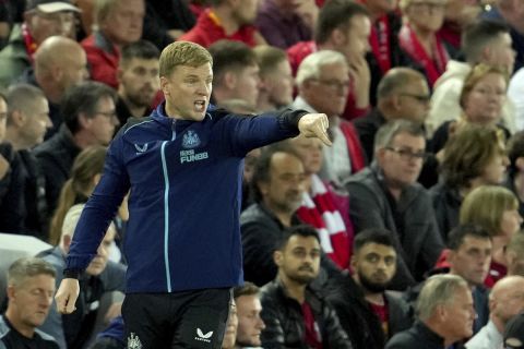 Newcastle's head coach Eddie Howe during the English Premier League soccer match between Liverpool and Newcastle United at Anfield stadium in Liverpool, England, England, Wednesday, Aug. 31, 2022. (AP Photo/Jon Super)