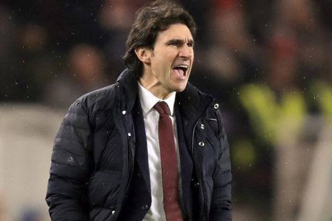 Middlesbrough manager Aitor Karanka shouts,  during the English Premier League soccer match between Middlesbrough and West Bromwich Albion, at the Riverside Stadium, in Middlesbrough, England, Tuesday Jan. 31, 2017. (Mike Egerton/PA via AP)