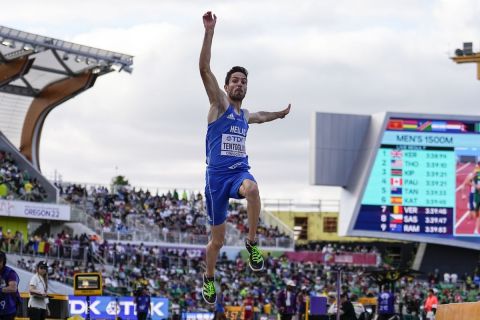 Miltiadis Tentoglou, of Greece, competes during the men's long jump final at the World Athletics Championships on Saturday, July 16, 2022, in Eugene, Ore. (AP Photo/Charlie Riedel)