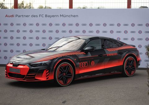 The Audi RS e-tron GT FC Bayern concept with its unique anniversary livery celebrating 20-years of partnership