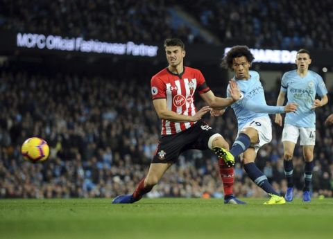 Manchester City's Leroy Sane, second left, scores his side's sixth goal during the English Premier League soccer match between Manchester City and Southampton at Etihad stadium in Manchester, England, Sunday, Nov. 4, 2018. (AP Photo/Rui Vieira)