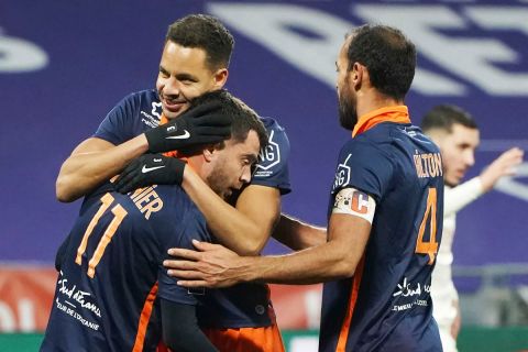 Οι παίκτες της Μονπελιέ πανηγυρίζουν γκολ που σημείωσαν κόντρα στη Λιόν για τη Ligue 1 2020-2021 στο "Μοσόν", Μονπελιέ | Σάββατο 13 Φεβρουαρίου 2021