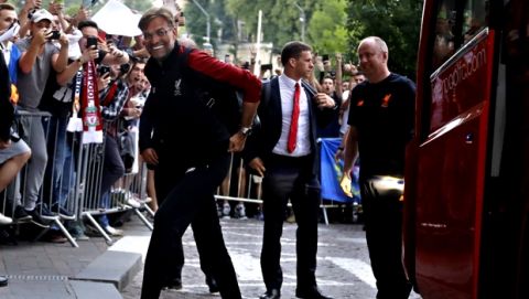 Liverpool manager Jurgen Klopp as the team arrive at the team's hotel in Kiev, Ukraine, Thursday, May 24, 2018. Liverpool will play Real Madrid in the Champions League final soccer match in Kiev on Saturday May 26. (AP Photo/Sergei Grits)