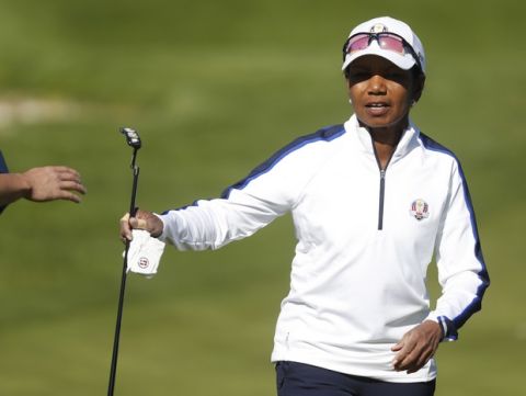 Former US Secretary of State, Condoleezza Rice walks from the 1st green in the Ryder Cup Celebrity Challenge match at Le Golf National in Saint-Quentin-en-Yvelines, outside Paris, France, Tuesday, Sept. 25, 2018. The 42nd Ryder Cup will be held in France from Sept. 28-30, 2018 at Le Golf National. (AP Photo/Alastair Grant)