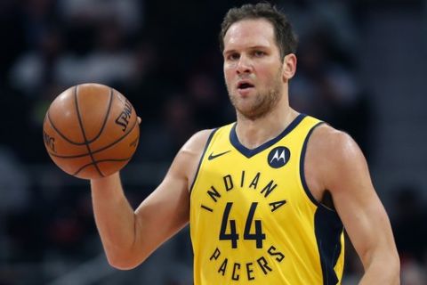 Indiana Pacers forward Bojan Bogdanovic brings the ball up court during the second half of an NBA basketball game against the Detroit Pistons, Monday, Feb. 25, 2019, in Detroit. (AP Photo/Carlos Osorio)