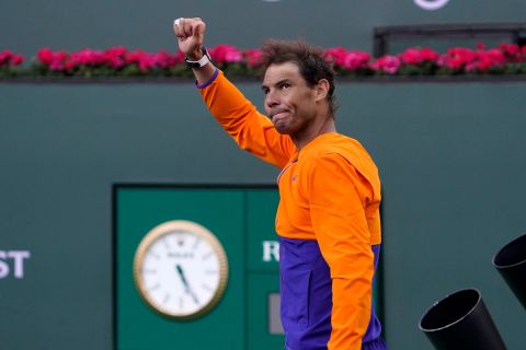 Rafael Nadal, of Spain, reacts to the crowd after losing to Taylor Fritz in the mens singles finals at the BNP Paribas Open tennis tournament Sunday, March 20, 2022, in Indian Wells, Calif. Fritz won 6-3, 7-6. (AP Photo/Mark J. Terrill)