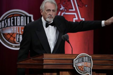 Inductee Paul Westphal speaks at the Basketball Hall of Fame enshrinement ceremony Friday, Sept. 6, 2019, in Springfield, Mass. (AP Photo/Elise Amendola)