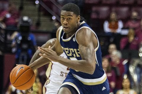 Georgia Tech forward Moses Wright (5) brings the ball up court against Florida State in the first half of an NCAA college basketball game in Tallahassee, Fla., Tuesday, Dec. 31, 2019. (AP Photo/Mark Wallheiser)