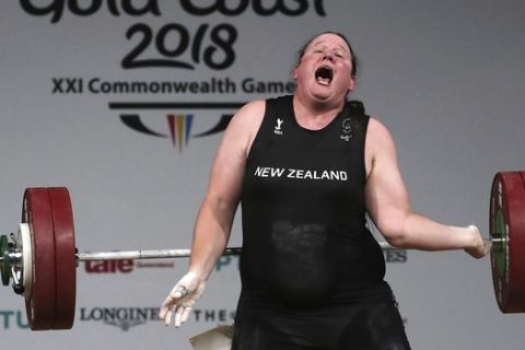 New Zealand's Laurel Hubbard reacts after failing to make a lift in the snatch of the women's +90kg weightlifting final at the 2018 Commonwealth Games on the Gold Coast, Australia, Monday, April 9, 2018. (AP Photo/Manish Swarup)