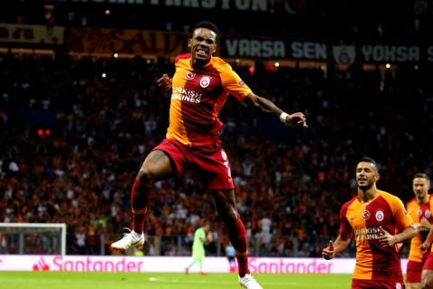 Galatasaray's forward Garry Rodrigues celebrates after scoring against Lokomotiv Moscow during the Champions League Group D soccer match between Galatasaray and Lokomotiv Moscow in Istanbul, Tuesday, Sept. 18, 2018. (AP Photo)