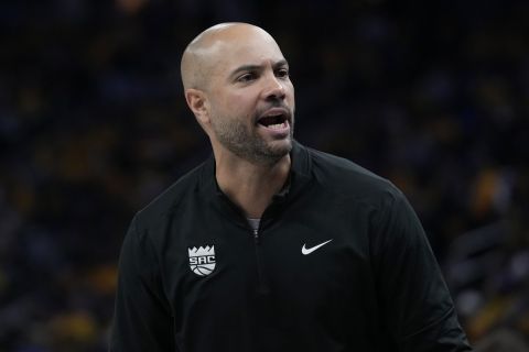 Sacramento Kings associate head coach Jordi Fernandez during Game 3 in the first round of the NBA basketball playoffs against the Golden State Warriors in San Francisco, Thursday, April 20, 2023. (AP Photo/Jeff Chiu)