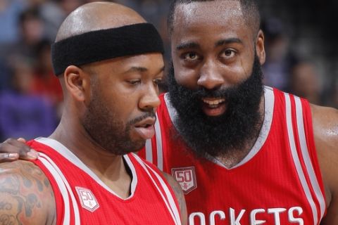 SACRAMENTO, CA - APRIL 9: Bobby Brown #8 and James Harden #13 of the Houston Rockets talk during the game against the Sacramento Kings on April 9, 2017 at Golden 1 Center in Sacramento, California. NOTE TO USER: User expressly acknowledges and agrees that, by downloading and or using this photograph, User is consenting to the terms and conditions of the Getty Images Agreement. Mandatory Copyright Notice: Copyright 2017 NBAE (Photo by Rocky Widner/NBAE via Getty Images)