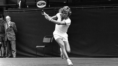 17-year-old Swedish tennis star Bjorn Borg in action against Karl Meiler of Germany in the mens singles event in the All England Lawn Tennis championships at Wimbledon, near London, United Kingdom on June 28, 1973. (AP Photo/Bob Dear)
