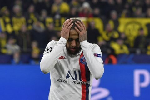 PSG's Neymar reacts during the Champions League round of 16 first leg soccer match between Borussia Dortmund and Paris Saint Germain in Dortmund, Germany, Tuesday, Feb. 18, 2020. (AP Photo/Martin Meissner)