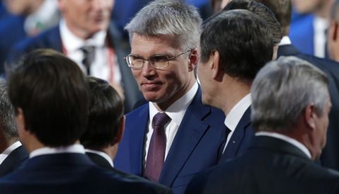 Russia's Sport minister Pavel Kolobkov attends the 2018 soccer World Cup draw in the Kremlin in Moscow, Friday Dec. 1, 2017. (AP Photo/Alexander Zemlianichenko)