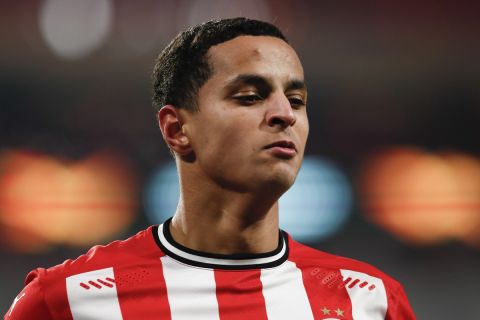 PSV's Mohamed Ihattaren during the group E Europa League soccer match between PSV and Omonia at the Philips stadium in Eindhoven, Netherlands, Thursday, Dec. 10, 2020. (AP Photo/Peter Dejong)