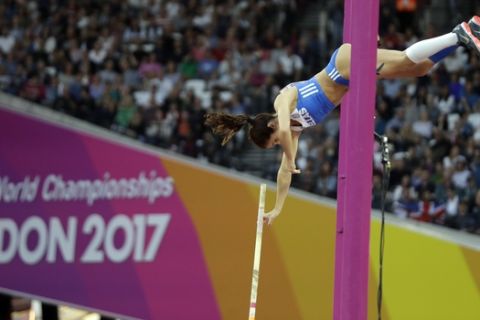 Greece's Ekaterini Stefanidi makes an attempt in the women's pole vault final during the World Athletics Championships in London Sunday, Aug. 6, 2017. (AP Photo/Matt Dunham)