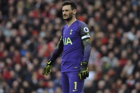 Tottenham goalkeeper Hugo Lloris looks on during the English Premier League soccer match between Liverpool and Tottenham Hotspur at Anfield stadium in Liverpool, England, Sunday, March 31, 2019. (AP Photo/Rui Vieira)