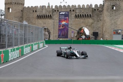 during the second practice session at the Baku Formula One city circuit, in Baku, Azerbaijan, Friday, April 27, 2018. The Formula one race will be held on Sunday. (AP Photo/Luca Bruno)