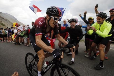 Britain's Geraint Thomas climbs the Galibier pass during the eighteenth stage of the Tour de France cycling race over 208 kilometers (130 miles) with start in Embrun and finish in Valloire, France, Thursday, July 25, 2019. (AP Photo/ Christophe Ena)