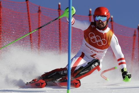 Austria's Marcel Hirscher skis during the slalom portion of the men's combined at the 2018 Winter Olympics in Jeongseon, South Korea, Tuesday, Feb. 13, 2018. (AP Photo/Luca Bruno)