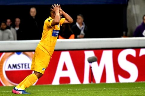 APOEL's Lorenzo Ebecilio holds his head during a Europa League round of 16, second leg, soccer match between Anderlecht and APOEL at the Constant Vanden Stock stadium in Brussels, on Thursday, March 16, 2017. (AP Photo/Geert Vanden Wijngaert)