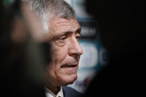 Portugal coach Fernando Santos talks to journalists after the draw for the UEFA Euro 2020 soccer tournament finals in Bucharest, Romania, Saturday, Nov. 30, 2019. (AP Photo/Petr David Josek)