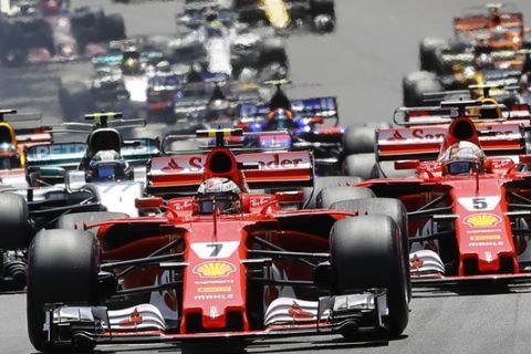 Ferrari driver Kimi Raikkonen of Finland leads the start during the Formula One Grand Prix at the Monaco racetrack in Monaco, Sunday, May 28, 2017. (AP Photo/Frank Augstein)