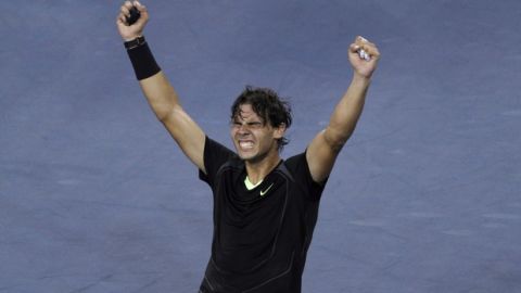 Rafael Nadal, of Spain, reacts after defeating Novak Djokovic, of Serbia, to win the men's championship match at the U.S. Open tennis tournament in New York, Monday, Sept. 13, 2010. (AP Photo/Mike Groll)