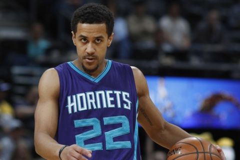 Charlotte Hornets guard Brian Roberts (22) in the first half of an NBA basketball game Saturday, March 4, 2017, in Denver. (AP Photo/David Zalubowski)