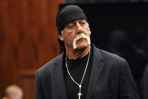 FILE - In this Wednesday, March 9. 2016, file photo, Hulk Hogan, whose given name is Terry Bollea, leaves the courtroom during a break in his trial against Gawker Media in St. Petersburg, Florida. In a lawsuit filed Monday, May 2, 2016, the former pro wrestler is suing Gawker again, saying the website leaked sealed court documents to the National Enquirer that quoted him making racist remarks. (AP Photo/Steve Nesius, Pool, File) 