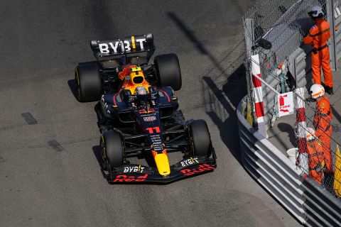 Red Bull driver Sergio Perez of Mexico steers his car during the second free practice at the Monaco racetrack, in Monaco, Friday, May 27, 2022. The Formula one race will be held on Sunday. (AP Photo/Daniel Cole)