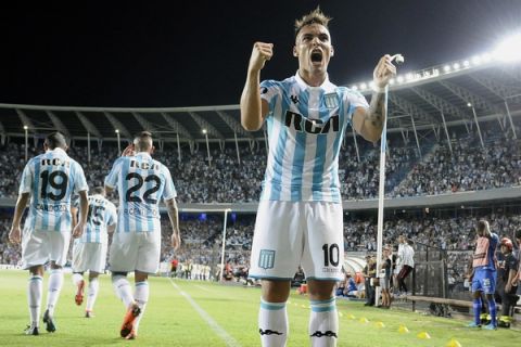 Lautaro Martinez of Argentina's Racing, right, celebrates after scoring against Brazil's Cruzeiro during a Copa Libertadores soccer match in Buenos Aires, Argentina, Tuesday, Feb. 27, 2017. (AP Photo/Pablo Aharonian)