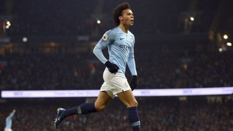 Manchester City's Leroy Sane celebrates after scoring his side's second goal during the English Premier League soccer match between Manchester City and Liverpool at the Etihad Stadium in Manchester, England, Thursday, Jan. 3, 2019.(AP Photo/Dave Thompson)