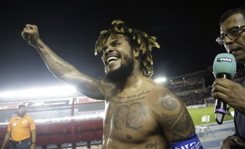 Panama's Roman Torres celebrates his goal against Costa Rica and his team's 2-1 victory at a 2018 Russia World Cup qualifying soccer match in Panama City, Tuesday, Oct. 10, 2017. (AP Photo/Arnulfo Franco)