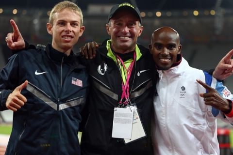 Olympics Day 8 - Athletics...LONDON, ENGLAND - AUGUST 04:  (R) Mohamed Farah of Great Britain celebrates winning gold with silver medalist Galen Rupp of the United States and (C) coach Alberto Salazar after the Men's 10,000m Final on Day 8 of the London 2012 Olympic Games at Olympic Stadium on August 4, 2012 in London, England.  (Photo by Michael Steele/Getty Images)